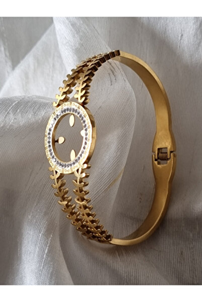 Brassito Kadın çelik bileklik çeyreklik yaprak desenli taşlı gold renk 316L a...