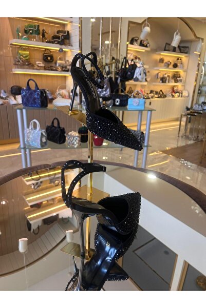 lescarpe Kadın Saten Hologram Taş Altın Ökçe Ayakkabı