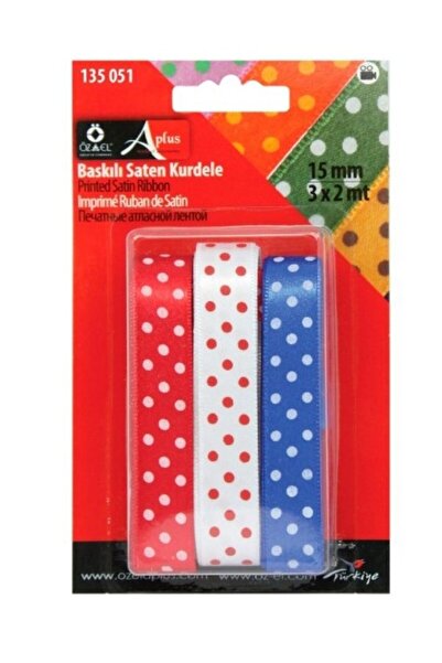 ÖZ-EL AŞ Puantiye Baskılı Mavi, Beyaz, Kırmızı Saten Kurdele 1,5 Cm X 2 Mt 13...