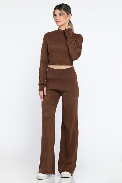 GÜLSELİ Brown Women's Half Fisherman Knitted Crop Sweater Trousers Knitwear Top and Bottom Set