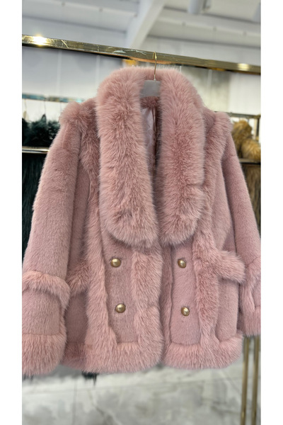 missswans Düğme Vip Özel Tasarım  İthal Kürk Kaban Toz Pembe