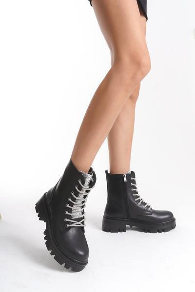 BAKGİY Μαύρο δέρμα γυναικείες ασημένιες πέτρινες μπότες με κορδόνια BG1091-116-0008