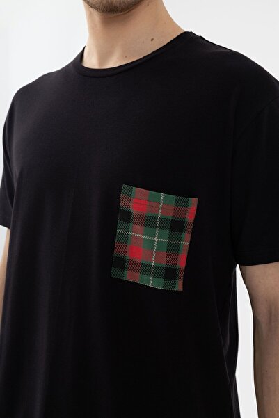 koza iç giyim Men's Short Sleeve Cotton Front Pocket Detailed Green - Red Plaid Patterned Pajama Set