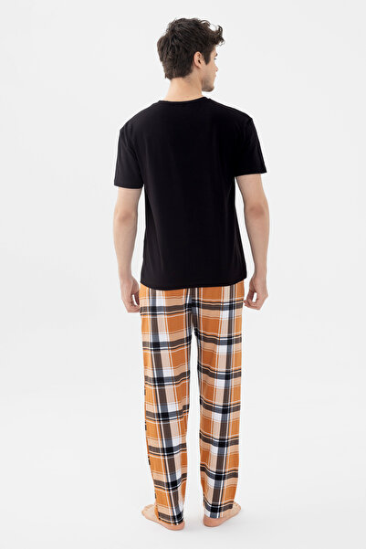 koza iç giyim Чоловічий короткий рукав бавовняний картатий малюнок ведмедик принт піжама комплект