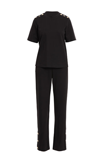 kı.we Çıtçıt Detaylı Kısa Kollu Beli Lastikli Siyah Spor Takım