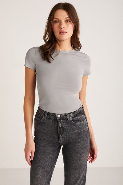 ETHIQUET Tricou Zelda pentru femei, gri, slim, cu decolteu, 100% bumbac organic