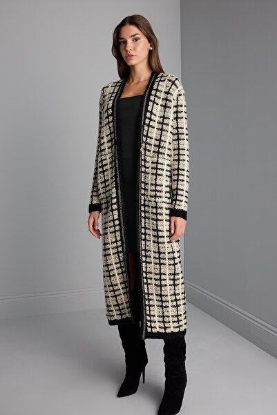 JOIN US Simli Kareli Tek Düğmeli Siyah Maxi Triko Kaban