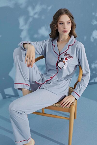 seamlife Kadın Pamuklu Mavi Penguen Desenli Gömlek Yaka Boydan Düğmeli Uzun Kollu Pijama Takımı