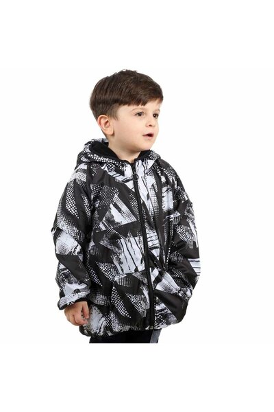 bebegen معطف واق من المطر من الصوف بنمط مختلط أسود للأولاد