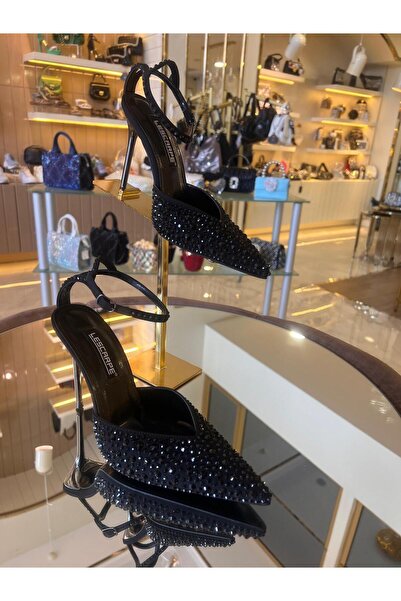 lescarpe Kadın Saten Hologram Taş Altın Ökçe Ayakkabı