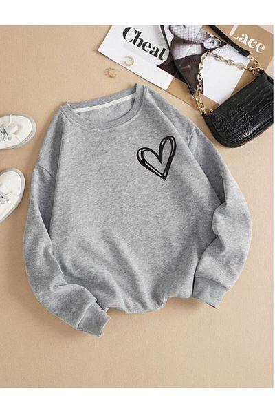 Moda Glo Βαμβακερό φούτερ Unisex Heart Printed Crew Neck