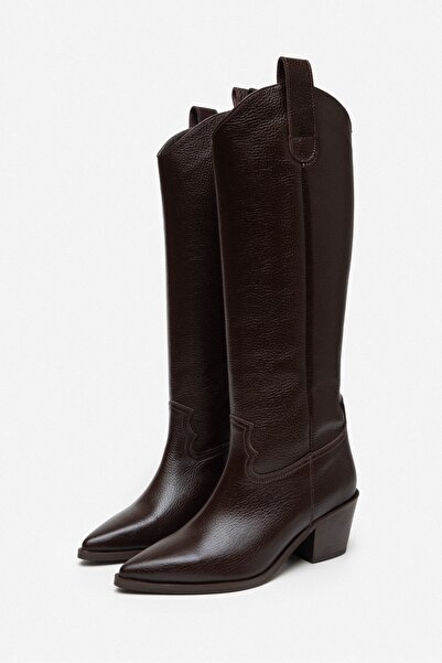 NİŞANTAŞI SHOES Sidley Kahve Hakiki Deri Sivri Burun Kadın Topuklu Dallas Çizme