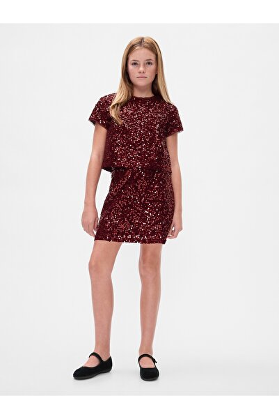 GAP Kız Çocuk Bordo Pullu Kadife Mini Etek