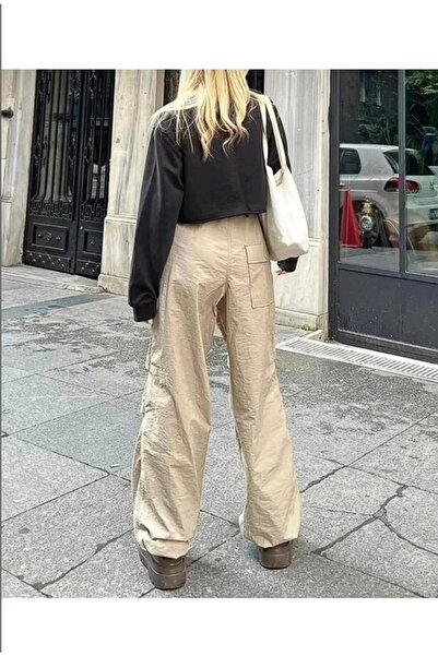 Violon Krem Paraşüt Kumaş Beli Ve Paçası Ayarlanabilir Unisex Tactical Pantolon