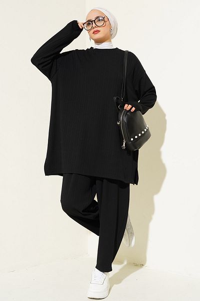 Bigdart 6681 Crew Neck Tunic Pants Double Set - Black