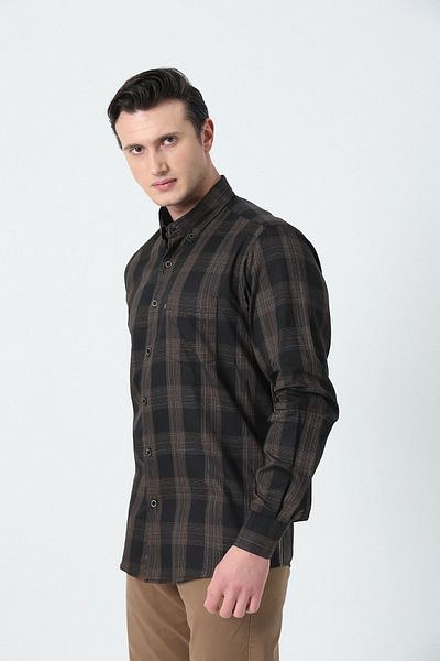 Brothers Ανδρικό πουκάμισο Comfort Fit μακρυμάνικο μονό τσεπάκι πλυμένο καρό πουκάμισο μαύρο-μπλε
