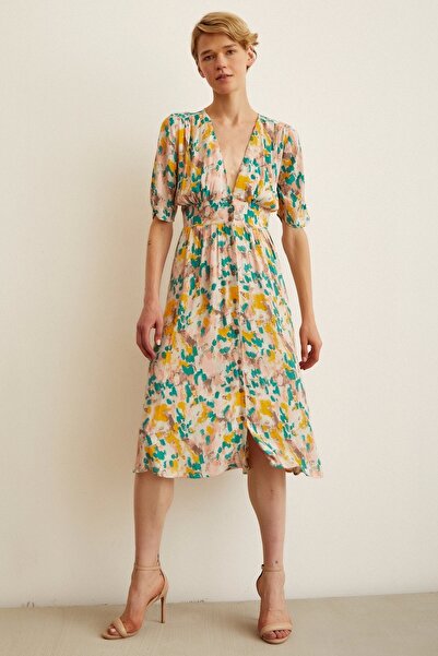 TRENDQUEL Çiçek Desen V Yaka Elbise Sarı