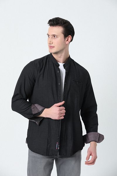 Brothers Ανδρικό πουκάμισο Tailorored Fit με μακρυμάνικο γιακά Flannel Pocket που πλένεται μαύρο