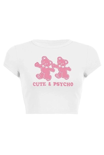 Violon Pink Cute & Psycho Pattern Printed White Crop Top