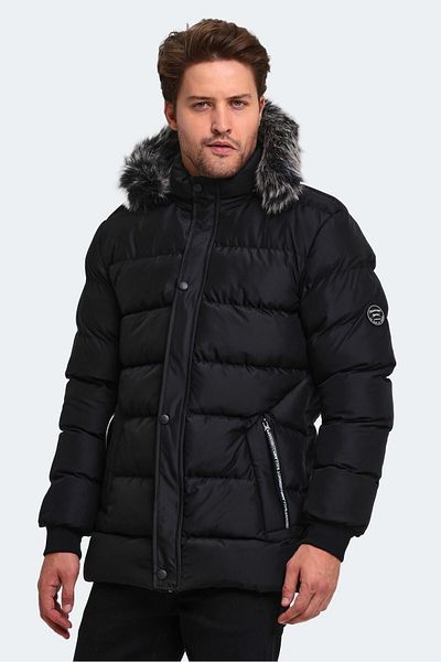 Slazenger Μαύρο ανδρικό παλτό - Λεπτομέρεια τσέπης και γούνα με κουκούλα