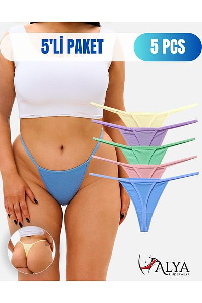 ALYA UNDERWEAR Women's String Thong Panties - Pack of 5 (YELLOW, PURPLE, MINT, SALMON, BLUE) 1301p