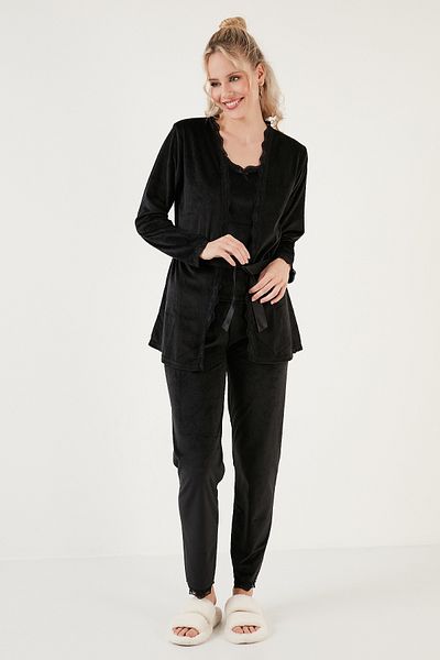 Lela Soft Textured Lace Velvet Pajamas and Dressing Gown Set - Regular Fit 6095545