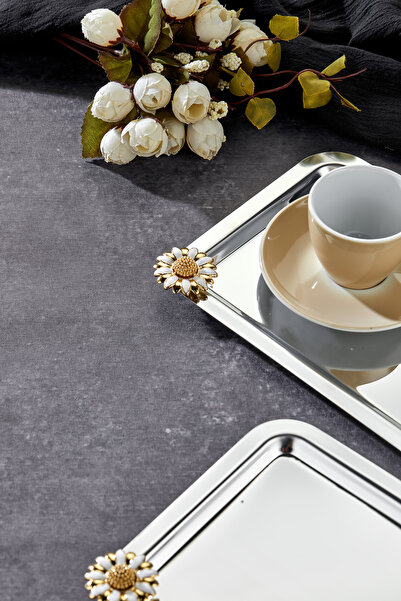 Turkco Noir Elegant Series - Bella Flora Handle Patterned Chrome Presentation Tray, 22X16Cm, 3 Pieces