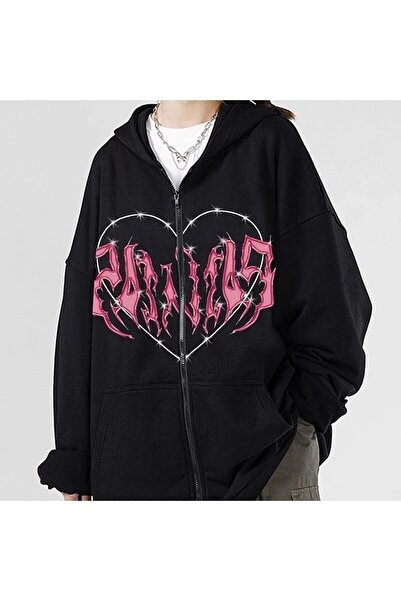Violon Gothic Harajuku Pink Heart With Black Spikes Unisex Oversize Hırka