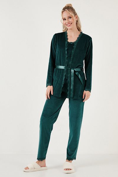 Lela Soft Textured Lace Velvet Pajamas and Dressing Gown Set - Regular Fit 6095545