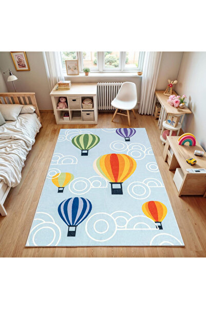 Rugs Modern Halı Asya Koleksiyonu Açık Mavi Çok Renkli Uçan Balonlar Dokuma T...