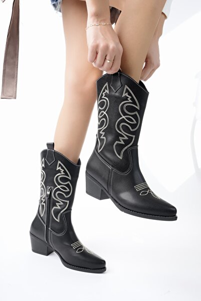 BAHRİNA Western Beyaz İşlemeli Siyah Cilt Uzun Kovboy Çizme