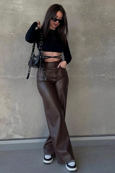 Madmext Mad Girls hnědé kožené kalhoty Mg1316