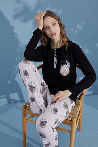 seamlife Set de pijamale cu mânecă lungă, din bumbac, alb, cu guler cu nasturi