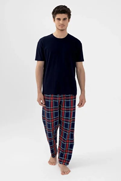 koza iç giyim Men's Plaid Patterned Cotton Short Sleeve Pajama Set