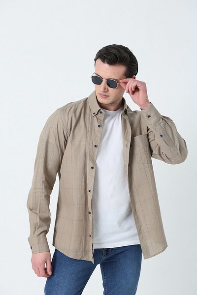 Brothers Ανδρικό πουκάμισο Comfort Fit Μακρυμάνικο Πλυμένο Καρό Πουκάμισο Μπεζ-μπλε