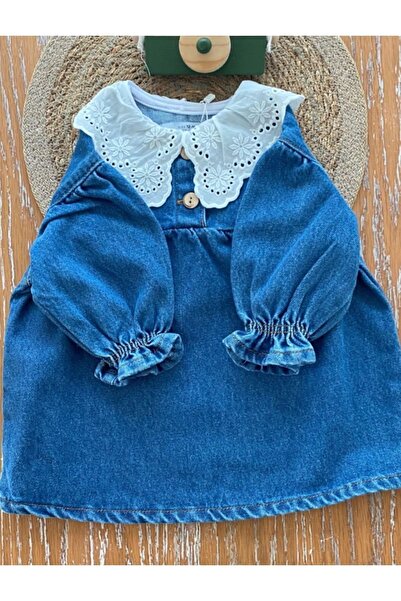 Genel Markalar Dantel Yaka Kız Çocuk Koyu Mavi Kot Elbise