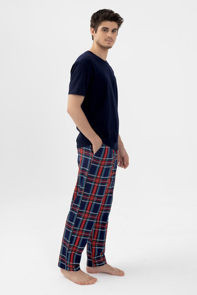 koza iç giyim Men's Plaid Patterned Cotton Short Sleeve Pajama Set