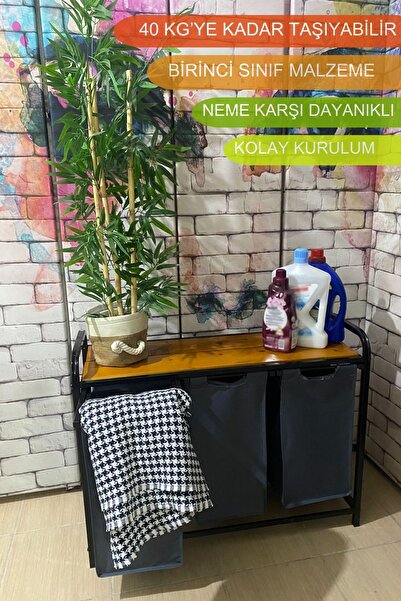 CİMENS Çamaşır Sepeti Kirli Sepeti Ahşap Banyo Dolabı Büyük Boy Geniş 3 Bölme...