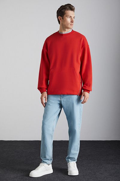 GRIMELANGE Santıagos Men's Kangaroo Pocket Red Sweatshirt with Zipper Detail and Letter Print on the Back