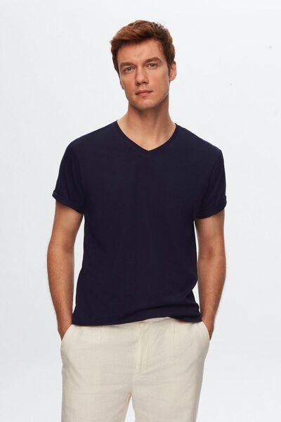 D'S Damat Ds Damat Slim Fit Siyah/Beyaz/Lacivert 3'Lü Set V Yaka T-Shirt