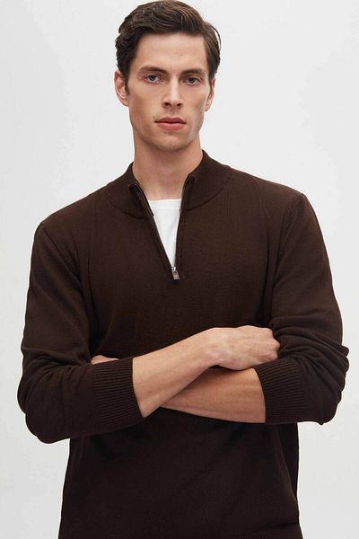 D'S Damat Ds Damat Slim Fit Кафяв трикотажен пуловер с половин цип