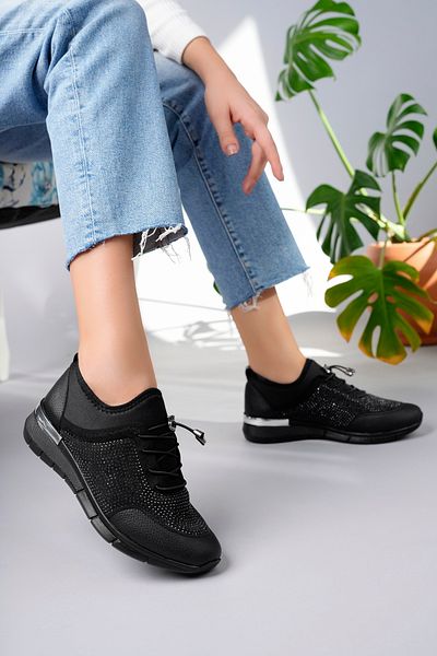 Nexs Women's Black Semi Stone Low Sole Orthopedic Shoes