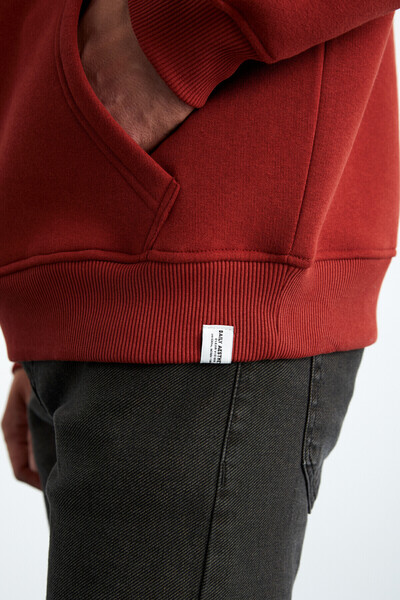 GRIMELANGE Ανδρικό φούτερ με κουκούλα από φλις τούβλο - Μαλακό, με τσέπη καγκουρό