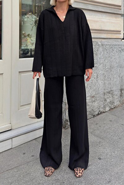 Swist Siyah Pra Polo Yaka Oversize Kazak-Pantolon Örgü Kadın Alt-Üst Takım