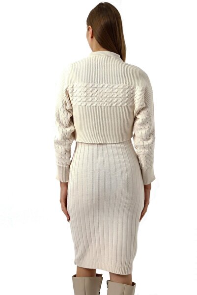 NUR TEKSTİL kadın 2'li Triko Takım Yarım Balıkçı Yaka Yarasa Kol Casual Crop Triko Kazak Elbise Takım