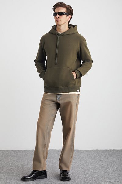 GRIMELANGE Yokohama Men's Fleece Inside Organic Cotton Regular Kangaroo Pocket Hooded Khaki Sweatshirt