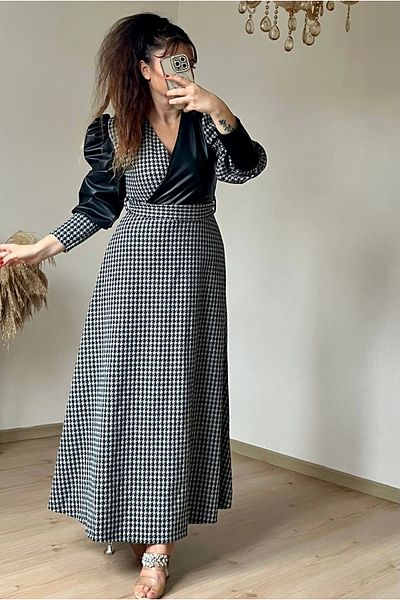 AZRA BUTİK Γκρι καρό φόρεμα - Διπλό πέτο και δερμάτινη λεπτομέρεια