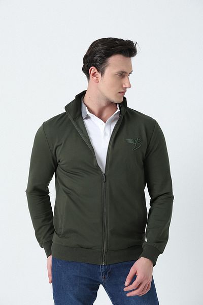 Brothers Ανδρικό φούτερ Khaki Green - Stand-up γιακά, φερμουάρ, τσέπες, βαμβακερό χτενισμένο με 2 κλωστές