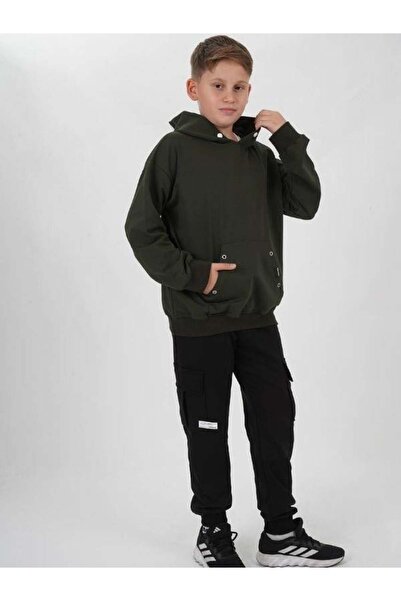 Zekids Hanorac din bumbac cu glugă cu detaliu snap pentru copii