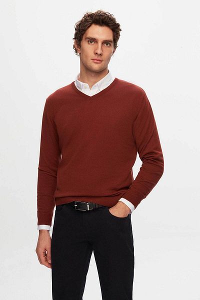 D'S Damat Ds Damat Slim Fit Tile Cotton Blended 2-Piece V-Neck Knitwear and Shirt